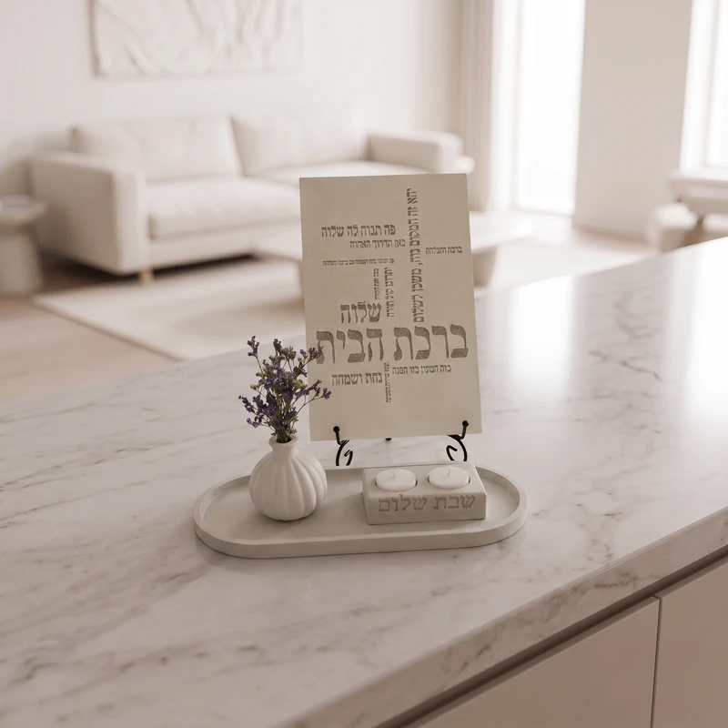 מארז ברכת הבית עם לוח מעוצב, מגש אובלי, אגרטל ומעמד נרות „שבת שלום” מבטון פולימרי