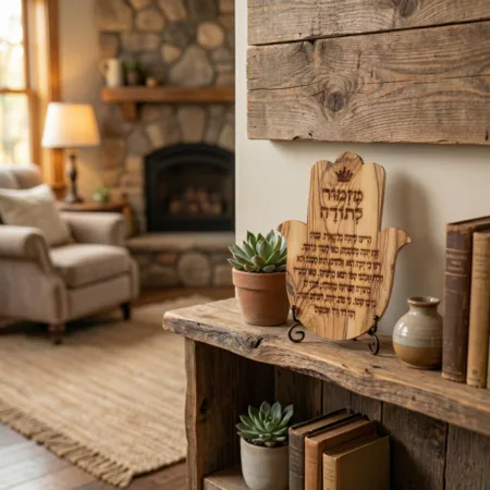 חמסה מעץ זית עם חריטת “מזמור לתודה” – עבודת יד ישראלית בעיצוב טבעי ומלא משמעות