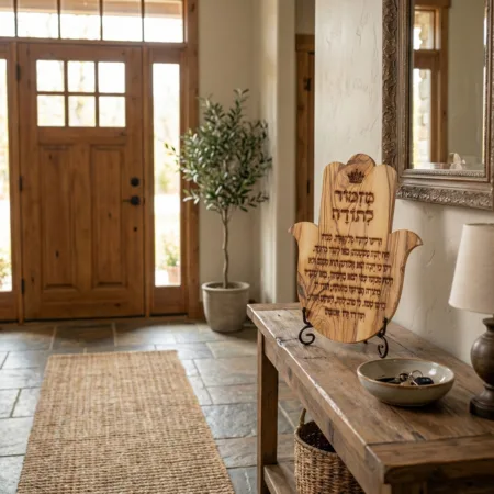 חמסה מעץ זית עם חריטת “מזמור לתודה” – עבודת יד ישראלית בעיצוב טבעי ומלא משמעות
