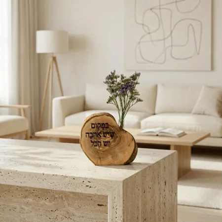וייזבלוק עץ זית בחריטה אישית: "במקום שיש אהבה יש הכל" – אמנות ישראלית בעבודת יד עם פרחים טבעיים